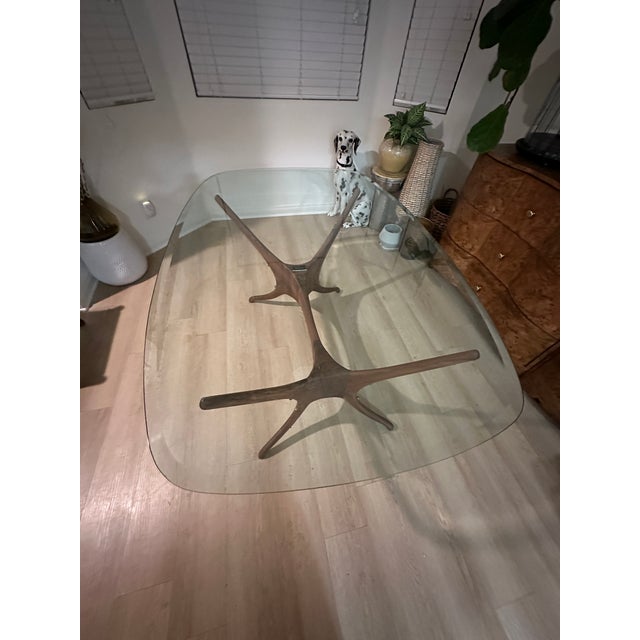 Transparent Oblong Beveled Clear Glass 62” Table With “Organic Modernism" Faux Wooden Metal Base For Sale - Image 8 of 10