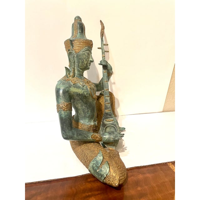 Thai Prince Musician Bronze Sculpture Vintage 1940s Gilded Clothing For Sale - Image 4 of 7