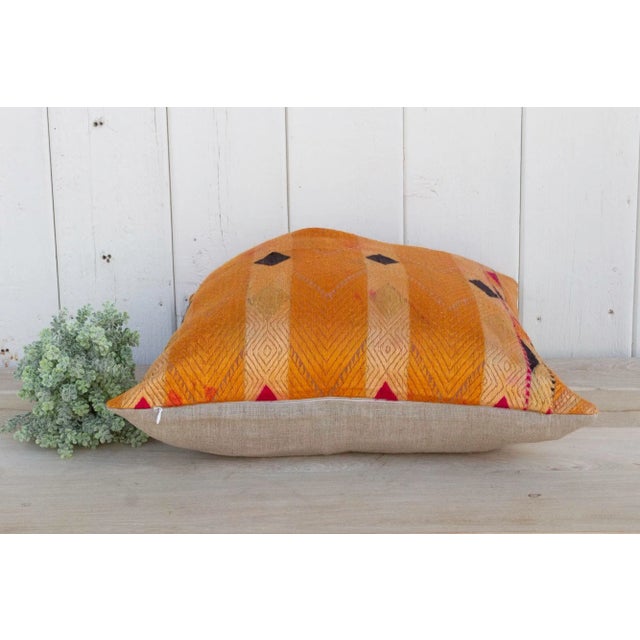 Textile Burnt Saffron Silk Phulkari Pillow For Sale - Image 7 of 9