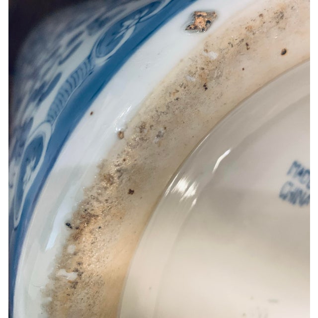 1980’s Vintage Chinoiserie Blue and White Chinese Porcelain Umbrella, Cane Stand or Floor Vase Adorned With Chrysanthemums and Vines For Sale - Image 11 of 12