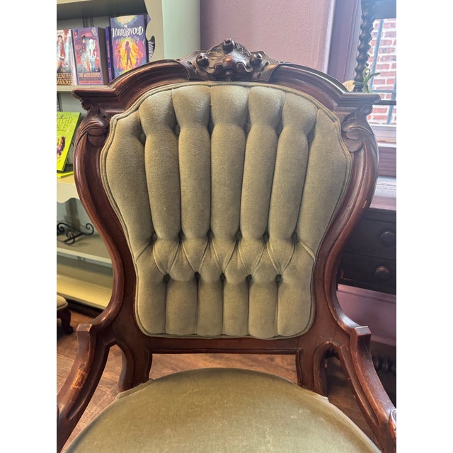 Antique Victorian Parlor Chair with Green Velvet Upholstery, Seat is comfortable, padded well. no rips or tears in fabric....