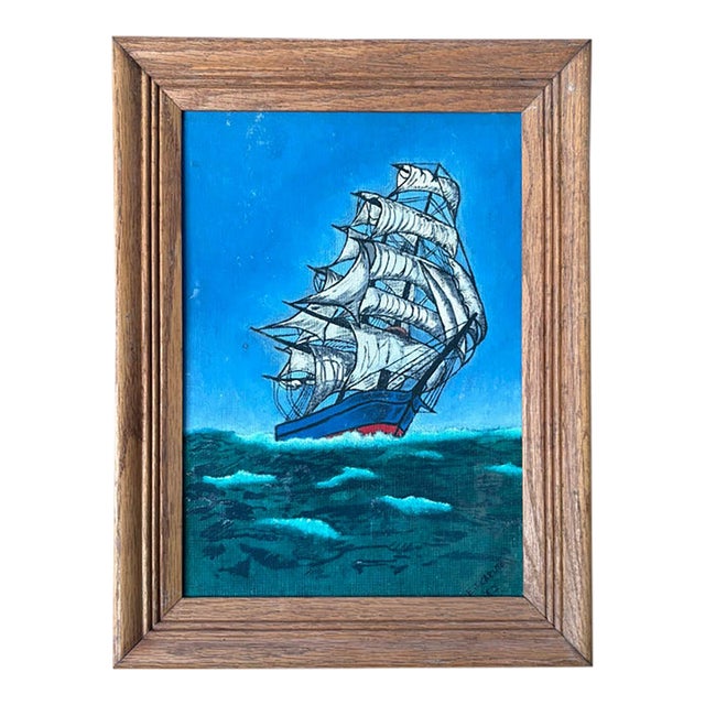 Vintage Ship Maritime Oil Painting on Board 1950s For Sale