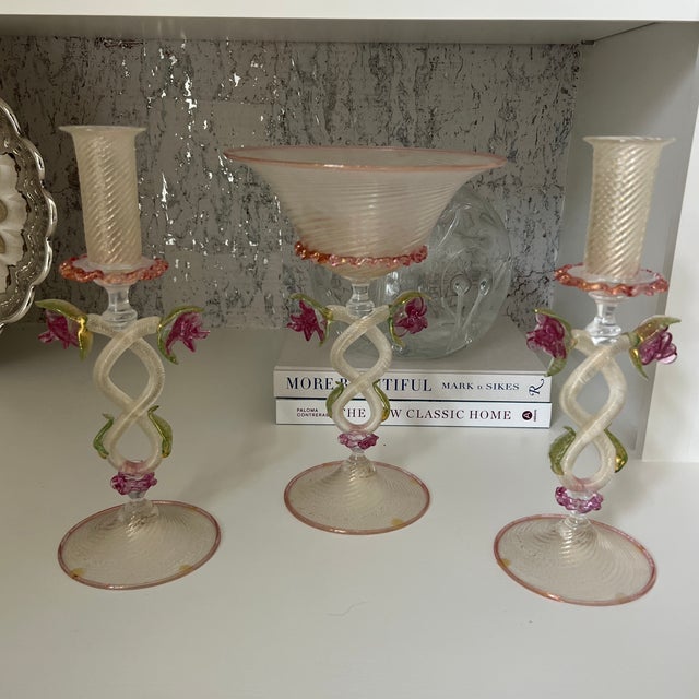 Murano Glass Garniture Set With Tazza and Candleholders- Set of 3