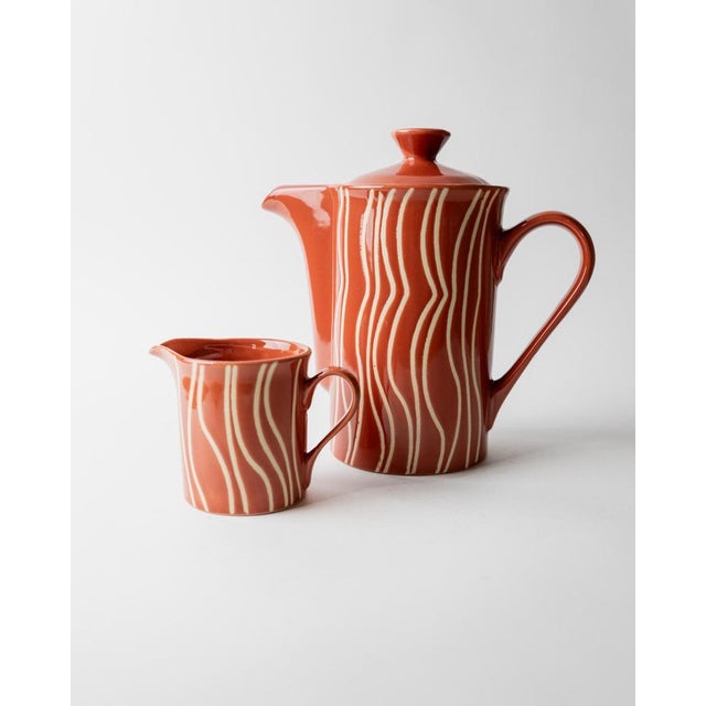 Mid-Century Striped Rust Orange Ceramic Teapot with Lid and Creamer, 1970s For Sale - Image 5 of 12