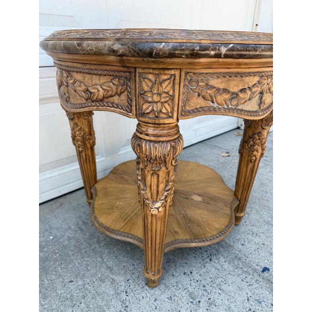 Late 20th Century French Louis XVI Style Carved Wood & Marble Glass Top Round Side Table For Sale In New York - Image 6 of 11