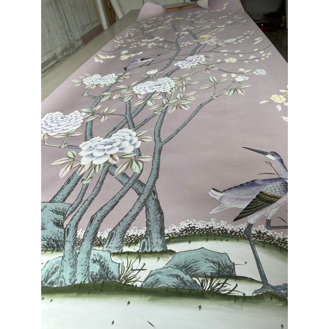 Custom Hand-Painted Silk Chinoiserie Mural | Dusty Lavender Botanical Heron Wallpaper | Luxury Handcrafted Wall Covering For Sale - Image 6 of 6