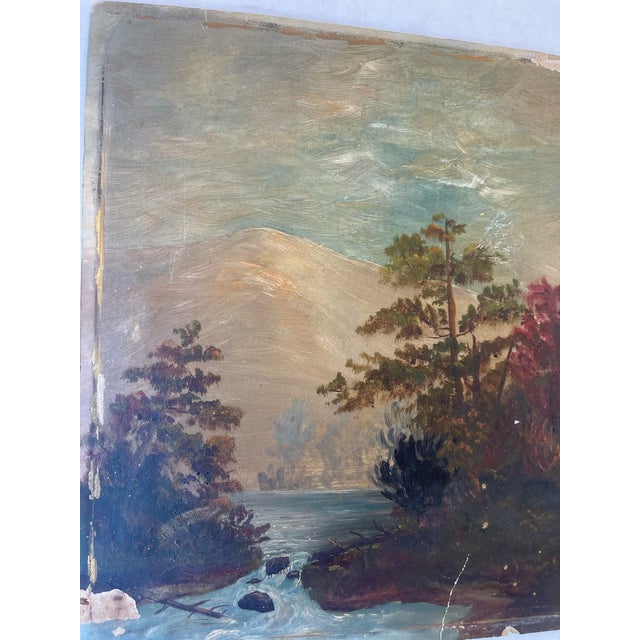 Early 19th Century Likely 19th Century American Folk Landscape Painting on Artist's Board Featuring River, Forest, and Mountain Scene.. For Sale - Image 5 of 10