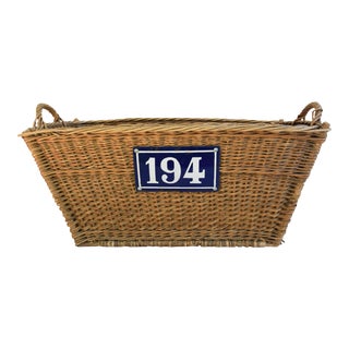 Vintage French Wicker/Willow Market Basket W/ Blue & White Porcelain Enameled Number Plate, #194 For Sale