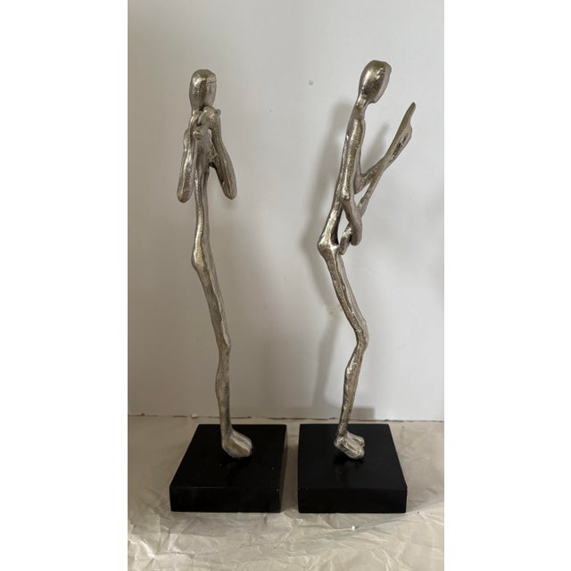 Mid 20th Century Modern Abstract Cast Aluminum Jazz Musician Sculptures, Set of 2, Silver Metal Figurines, Flute & Guitar Players Contemporary Music Decor 16” Statues For Sale - Image 5 of 12