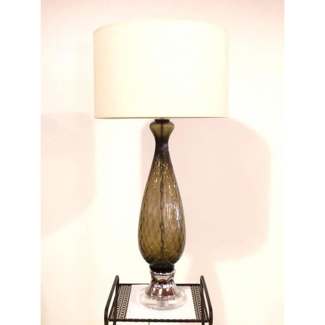 Pair of Italian textured grey glass table lamps on chrome and Lucite bases, 1960s high design, stem and 3 way socket on...