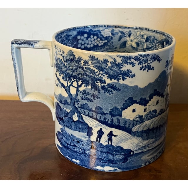 Antique early 19th century English George III Staffordshire pearlware blue & white pottery porter's mug circa 1820. A rare...