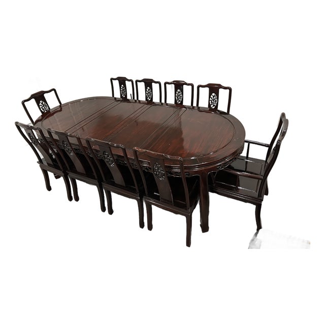 Vintage Chinese Carved Rosewood Dining Table & 10 Chairs, Expandable For Sale