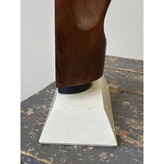 Vintage Large-Scale Kinetic Teak Mask Sculpture Mounted to Painted Wood Tiered Base by Paul Bechtold, Circa Mid 20th Century For Sale - Image 16 of 18