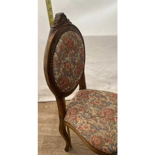 Wood Vintage Accent Chair, Carved Back, Solid Walnut, Flower Embroidery Seat and Back For Sale - Image 7 of 11