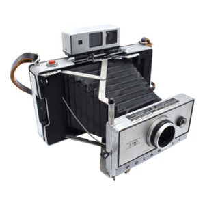 Mid 20th Century Foldable Polaroid Land Automatic Camera Model 350 With Clamshell Cover and Original Leather Shoulder Starp