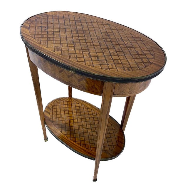 French Antique Oval Diamond Inlay Tiered Side Table For Sale - Image 3 of 10