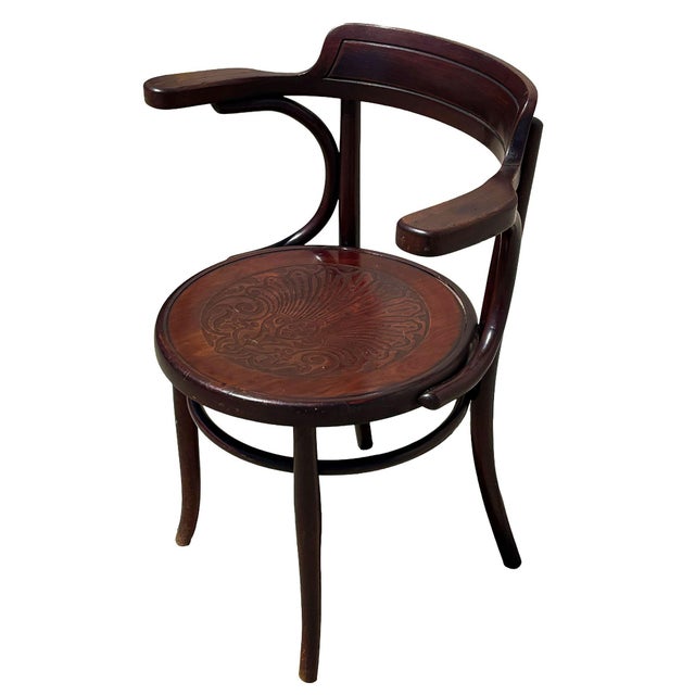 Traditional Antique Art Nouveau Bent Oak Desk Chair W/ Carved Shell Motif Seat by Fischel For Sale - Image 3 of 8