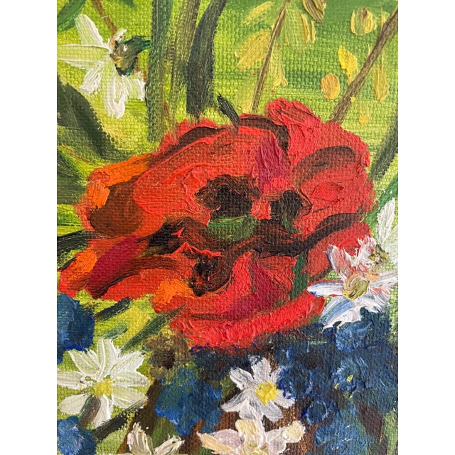 Farmhouse Circa 1950s Original Oil Painting of Red Poppies in a Vase For Sale - Image 3 of 10