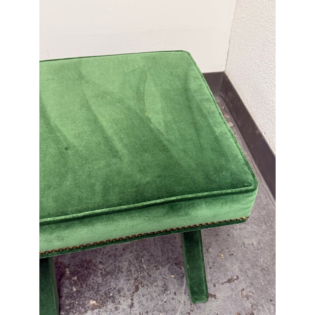 Hollywood Regency Style Green Velvet X-Base Ottoman Stools, Pair For Sale - Image 10 of 12