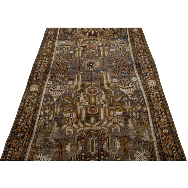 Tribal 1900s Antique Persian Bidjar Gray & Blue Handmade Wool Runner With Allover Motif For Sale - Image 3 of 8