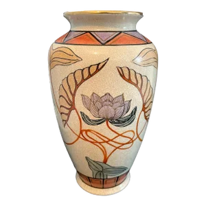 Vintage Kutani Satsuma Toyo Vase Signed Hand Painted Japan Blue Lotus Flower Gold