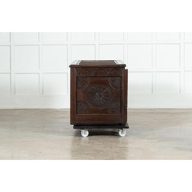 Wood Early 18th Century English Oak Carved Coffer, 1720s For Sale - Image 7 of 17