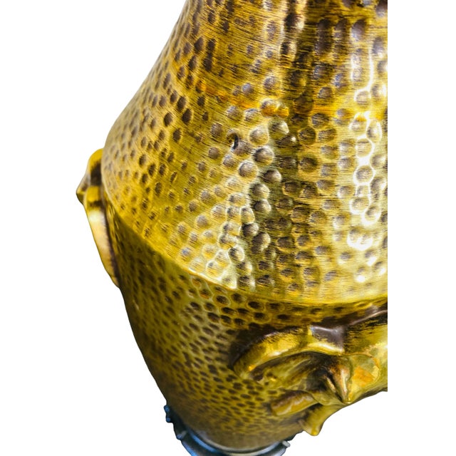 Mid-20th Century Gold Porcelain Hammered Brass Textured Elephant Head Lamps a Pair For Sale - Image 4 of 13