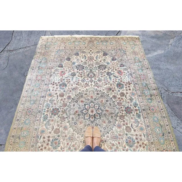 1980s Vintage Silk Medallion Floral Design Beige Gray Green Hand Knotted Pile Rug - 6’ X 9’ For Sale - Image 4 of 11