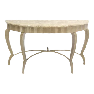 Large Art Deco Silver Leaf Metal Forged Marble-Top Demilune Console Table