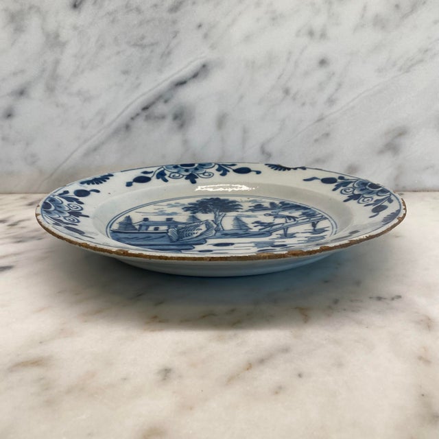 Early Antique Dutch Delft Blue and White Landscape Plate or Platter For Sale - Image 10 of 12