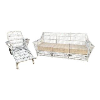 1940s Rattan Couch And Chaise Lounge- A Pair For Sale