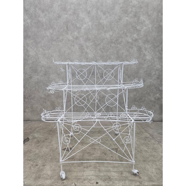 Metal Vintage White Wire 3-Tier Rolling Plant Stand on Casters For Sale - Image 7 of 10