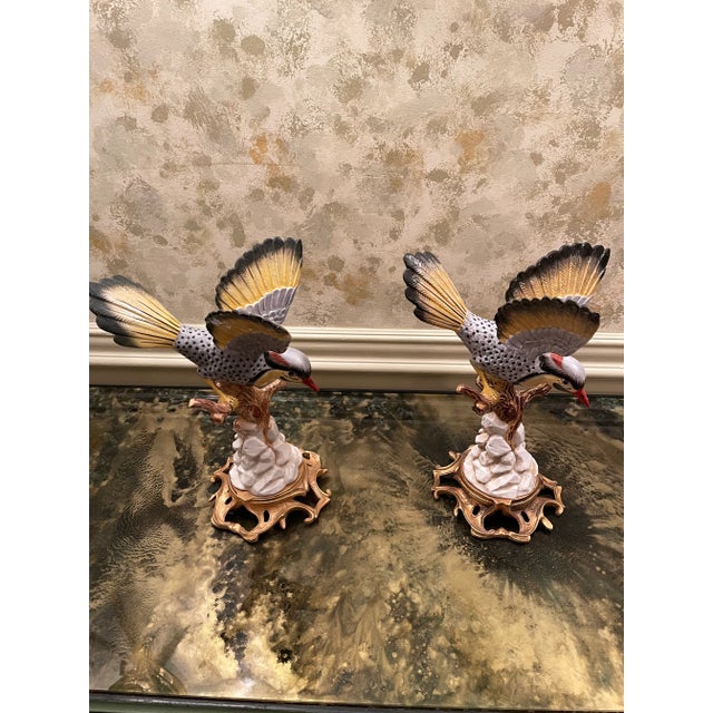 Vintage 1970s Hand Painted Porcelain Bird on a Branch With Gilded Metal Base - a Pair For Sale - Image 9 of 10