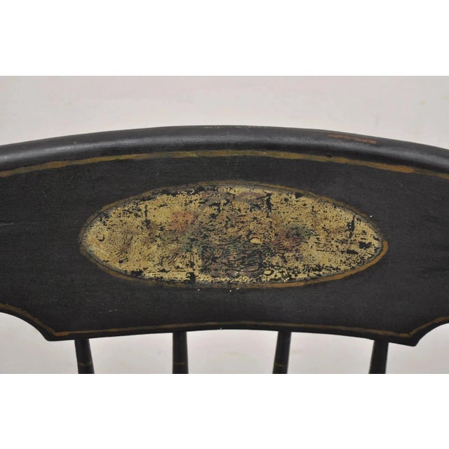 Late 19th Century Antique Colonial Stencil Back Black Painted Plank Bottom Rocker Rocking Chair For Sale - Image 5 of 12