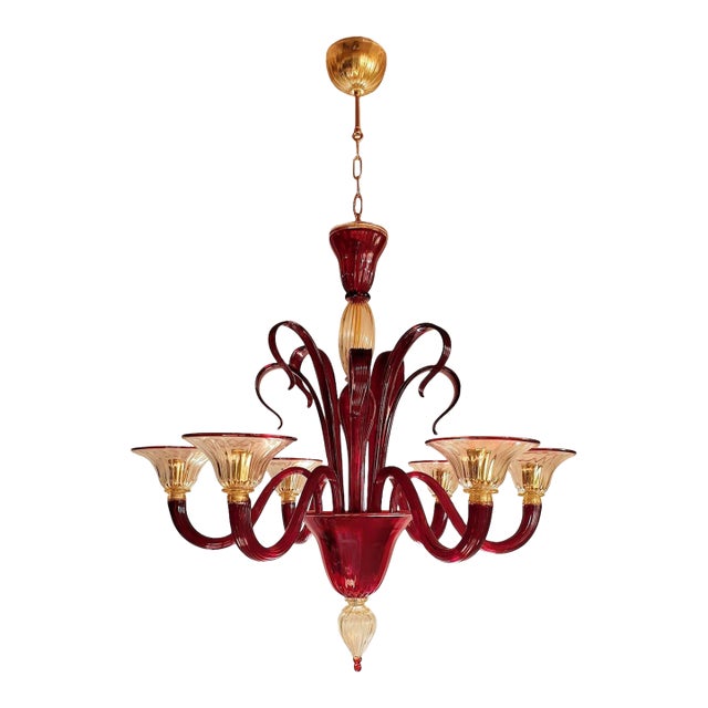 1960s Red and Gold Murano Glass Chandelier, Italy For Sale