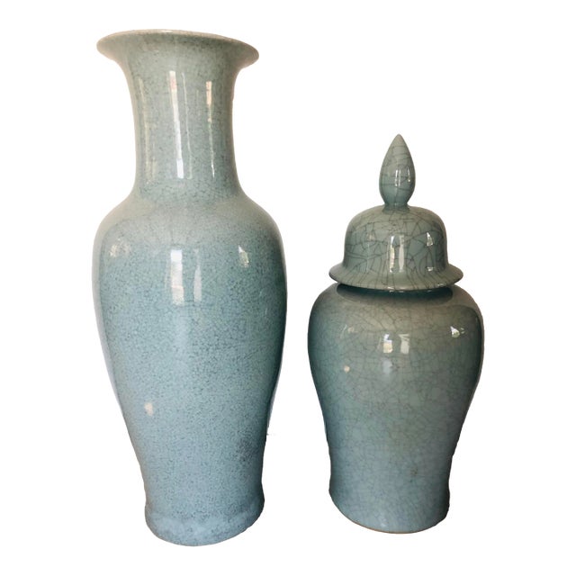 Vintage Extra Large Chinese Celadon Crackle-Glazed Altar Vase With Flaring Neck and Matching Ginger Jar- 2 Pieces For Sale