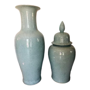 Vintage Extra Large Chinese Celadon Crackle-Glazed Altar Vase With Flaring Neck and Matching Ginger Jar- 2 Pieces