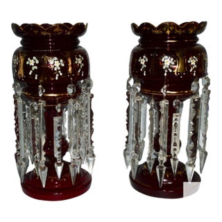 Antique Victorian Bohemian Pair of Cranberry/Ruby Glass Mantel Lusters For Sale