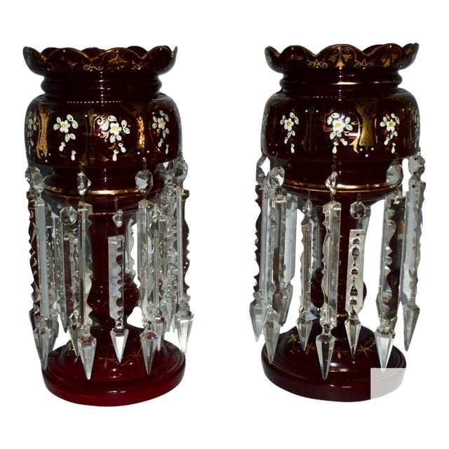 Antique Victorian Bohemian Pair of Cranberry/Ruby Glass Mantel Lusters For Sale