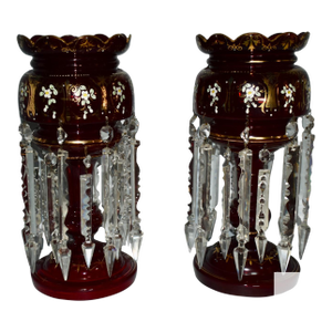 Antique Victorian Bohemian Pair of Cranberry/Ruby Glass Mantel Lusters