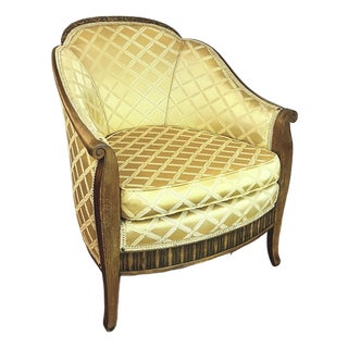 Early 20th C. French-Style Tub Chair W/ Hand-Carved Walnut Crest Rail, Yellow Damask For Sale