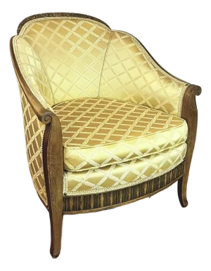 Early 20th C. French-Style Tub Chair W/ Hand-Carved Walnut Crest Rail, Yellow Damask