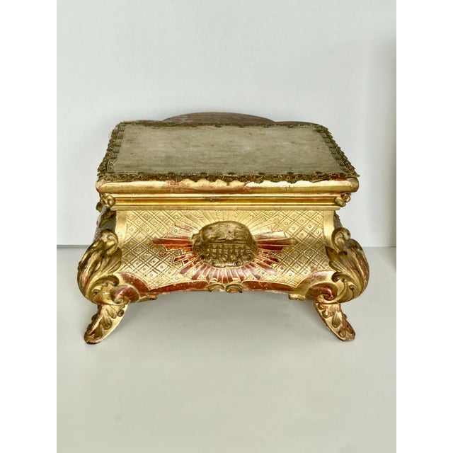 19th Century French carved and gilded altar stand, display riser to elevate ecclesiastic statue or reliquary. Bombe shape...