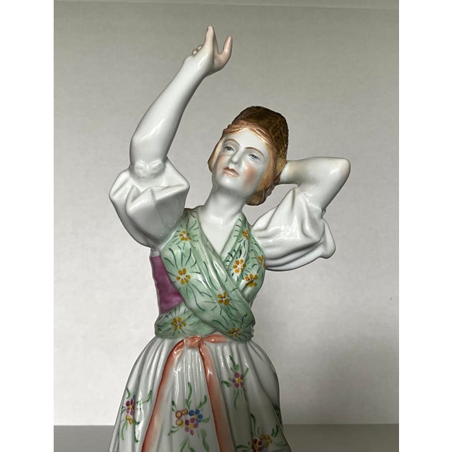 Herend Hand-Painted Porcelain Hungarian Female Dancer Figurine With Floral Dress & Gold Headdress For Sale In Detroit - Image 6 of 7