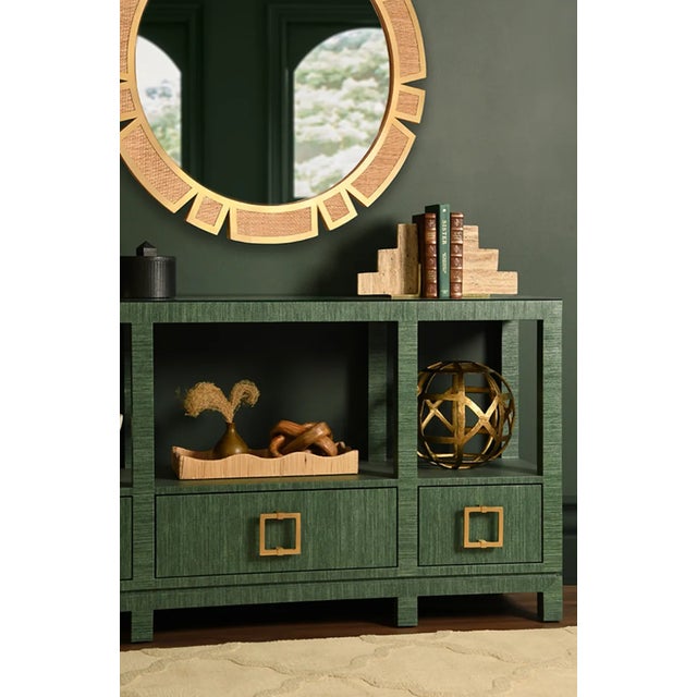 Dark Green Matthew Izzo Home Campbell Green Grasscloth Two Tiered, Three Drawer Console Table With Satin Brass Hardword and Glass Top For Sale - Image 8 of 10