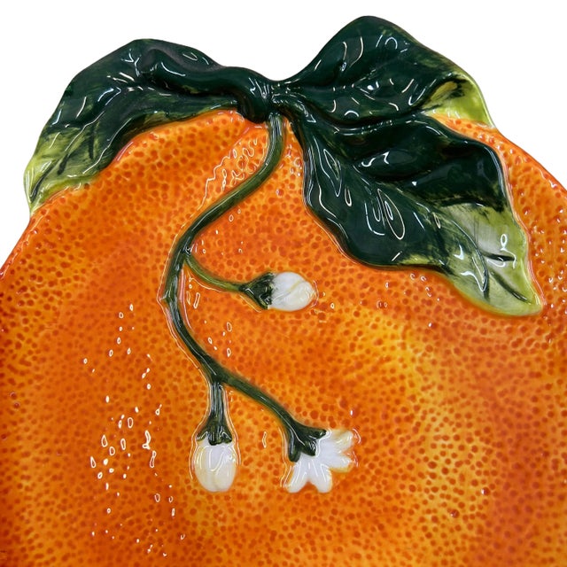 Vintage Bella Casa Orange/Tangerine Plate with Floral Detail. This beautiful hand-painted vibrant plate is ready to hang!