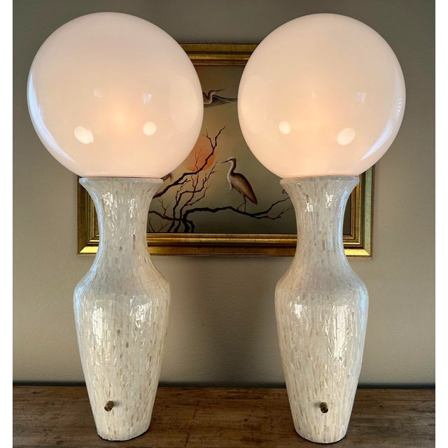 Boho Chic Mother of Pearl Tessellated Tile Inlay Tall Vase Globe Table Lamps, a Pair For Sale - Image 3 of 12