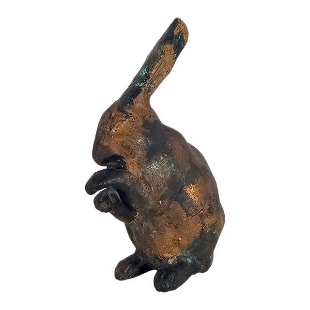 Japanese Mid-Century Japanese Showa Cast Iron Patinated Seated Rabbit Sculpture For Sale - Image 3 of 11