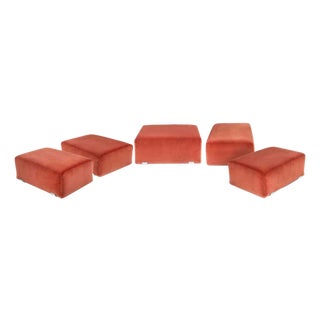 Italian Velvet Ottomans in Red Upholstery, 1970s, Set of 5 For Sale