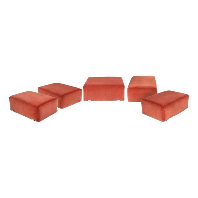 Italian Velvet Ottomans in Red Upholstery, 1970s, Set of 5 For Sale